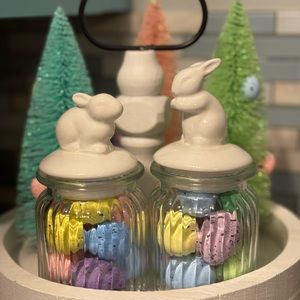 2 Glass Bunny Rabbit Jars for Spring & Easter Decor  (eggs included)